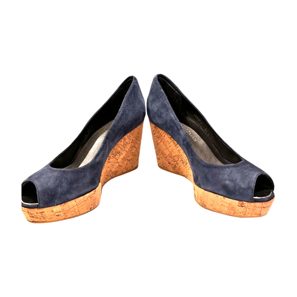 Stuart Weitzman Navy Suede Cork Peep-Toe Wedges - Picture 6 of 8